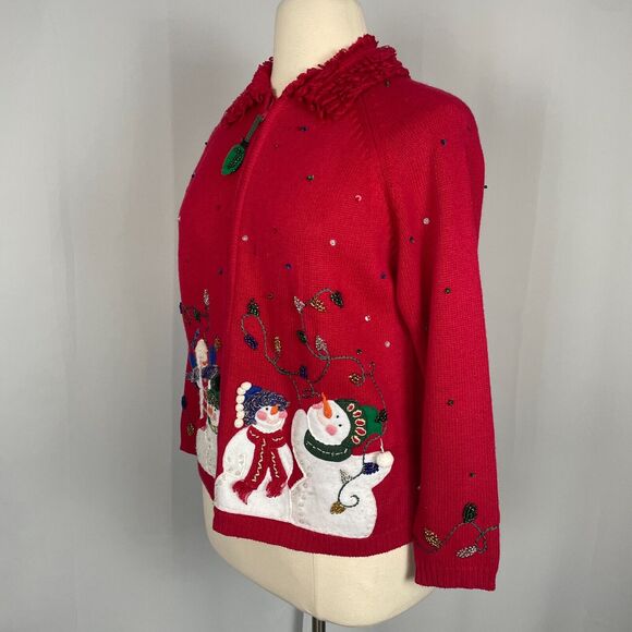 Ugly Christmas Sweater Size Large Red Zip Up Snowmen Winter Beaded Vintage Y2K - Picture 7 of 15